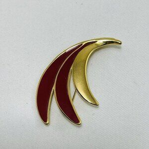 Signed Monet Brooch Pin Wings Spiral Curve Abstract Leave Yellow Gold Red Enamel